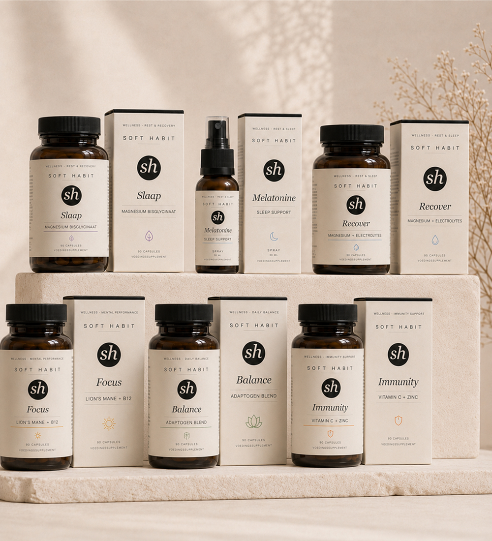 Soft Habit supplementen collectie met Slaap, Melatonine, Recover, Focus, Balance en Immunity