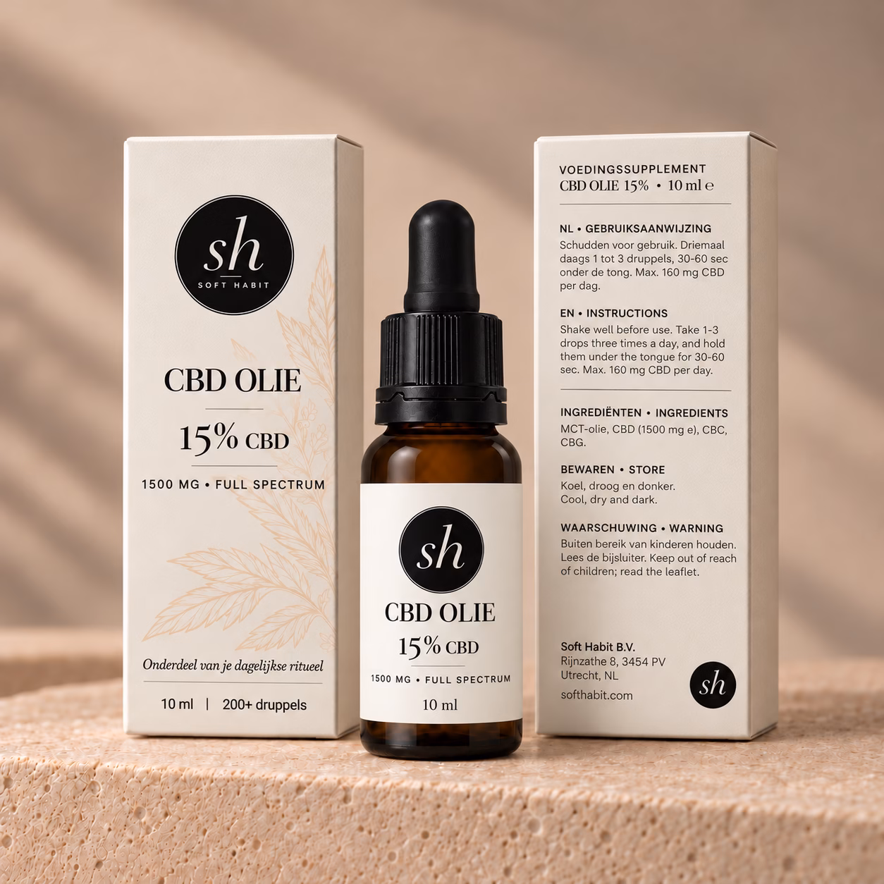 CBD olie 15% full spectrum 10ml verpakking en flesje