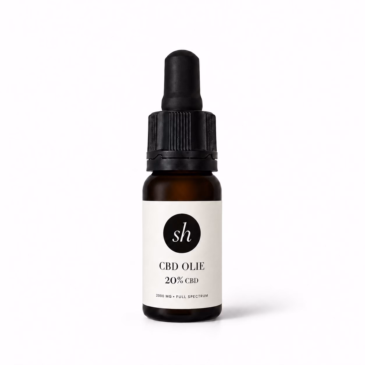 Bruin glazen pipetflesje met krachtige 20% CBD olie op een strakke achtergrond