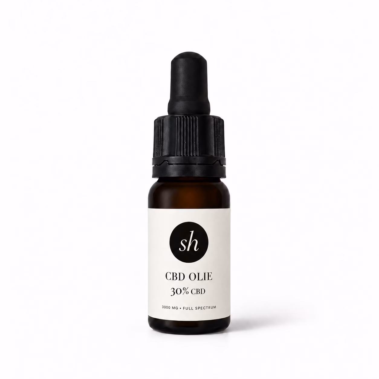 Bruin glazen pipetflesje met 30% CBD olie en een wit etiket op een schone achtergrond
