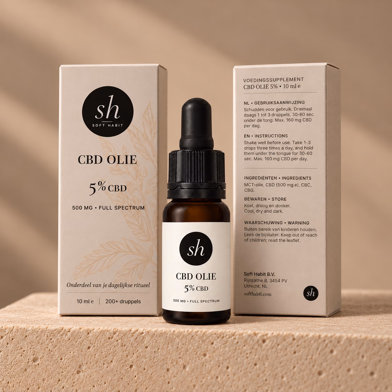 CBD olie 5% full spectrum 10ml verpakking en flesje