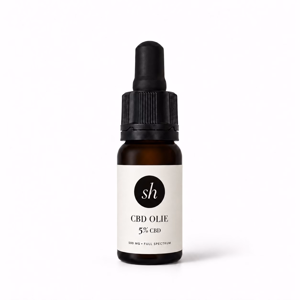 Bruin glazen pipetflesje met milde 5% CBD olie en een wit etiket op een schone achtergrond
