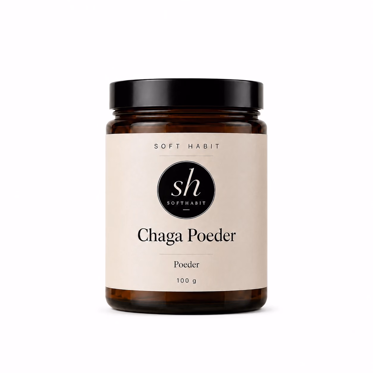 Soft Habit Chaga Poeder op een witte achtergrond