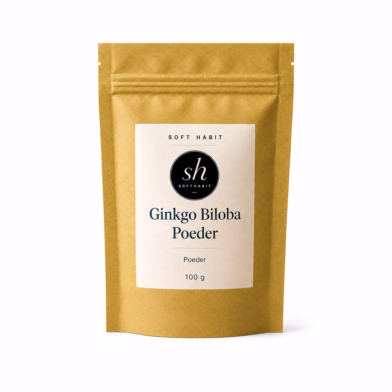 Soft Habit Ginkgo Biloba Poeder 100 g op een witte achtergrond