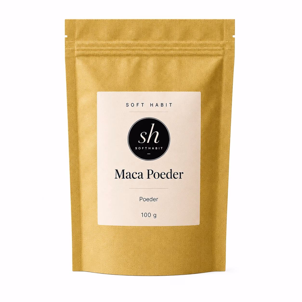 Soft Habit Maca Poeder op een witte achtergrond