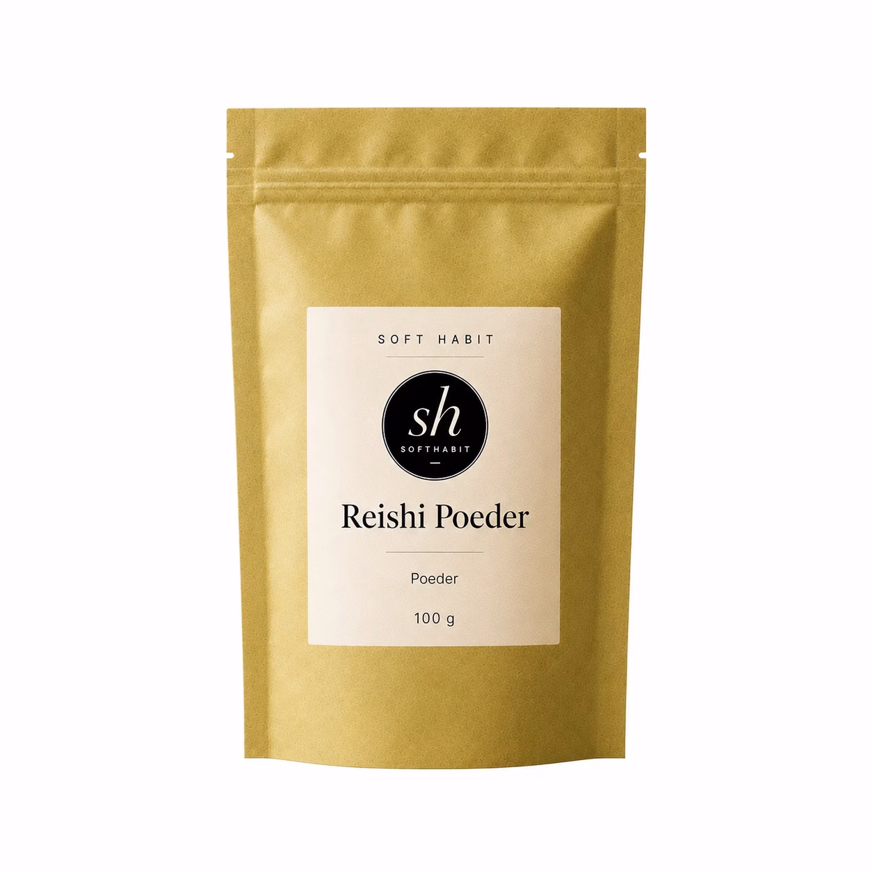 Soft Habit Reishi Poeder op een witte achtergrond