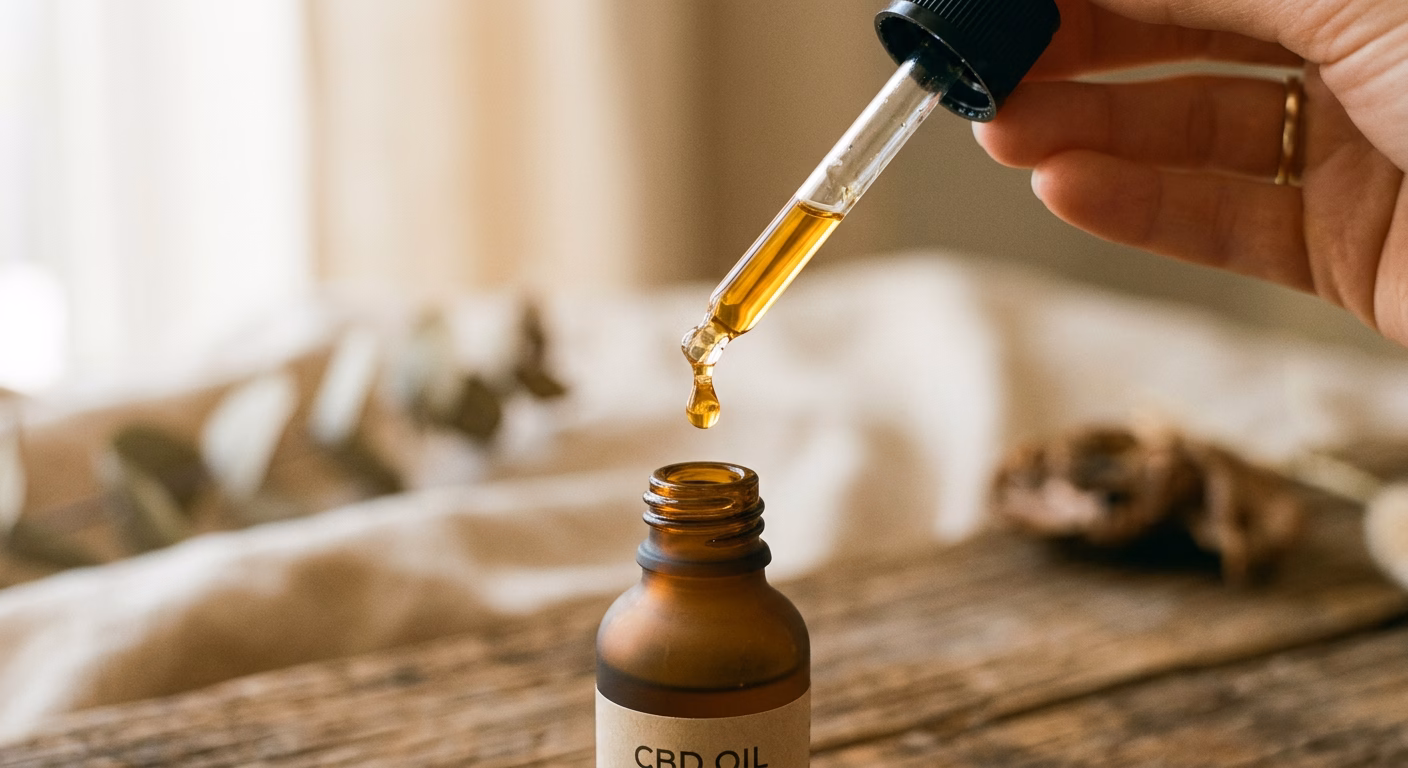 Pipet met CBD-olie boven een amberkleurig flesje